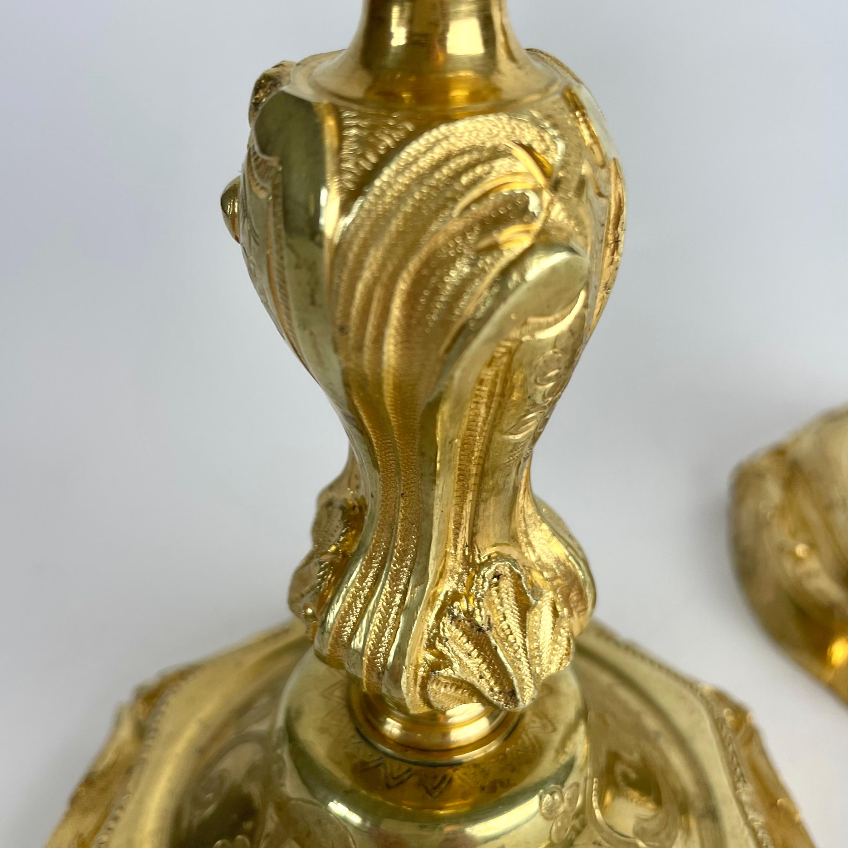 Magnificent Pair of Gilt Bronze Candlesticks in Rococo (Louis XV), c. 1760-70 For Sale 5