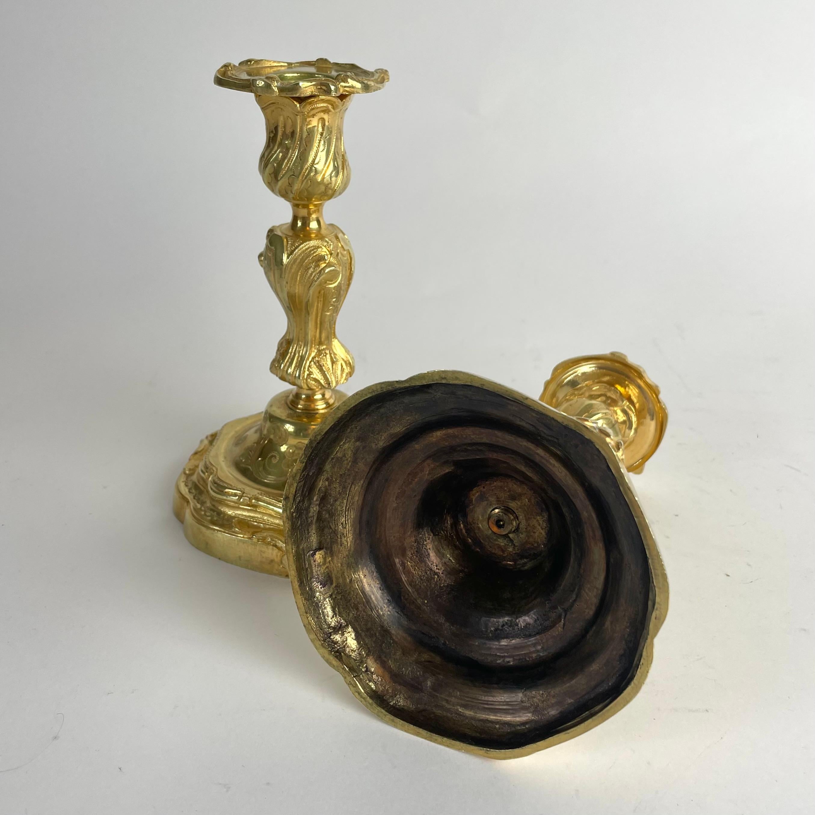 Magnificent Pair of Gilt Bronze Candlesticks in Rococo (Louis XV), c. 1760-70 For Sale 6
