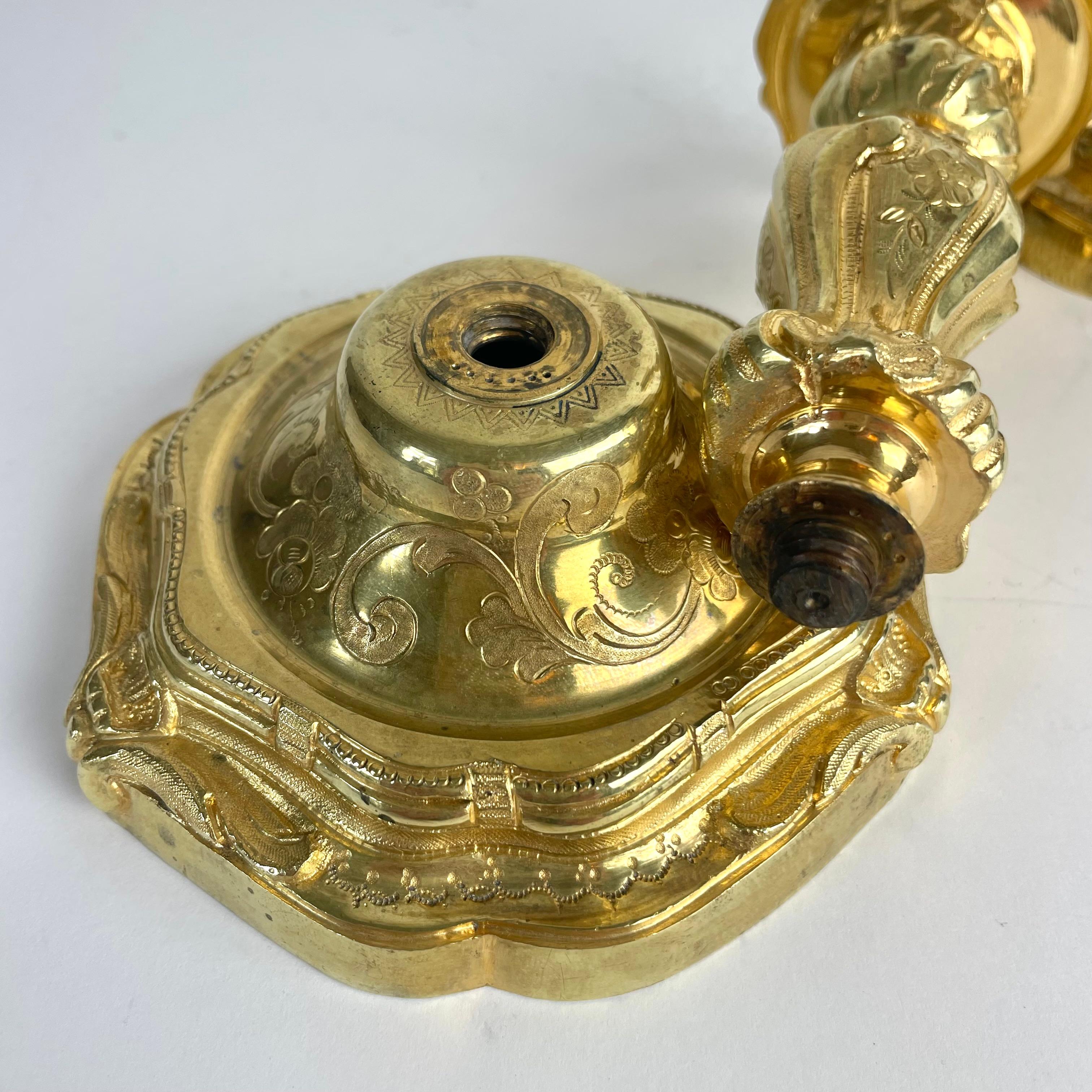 Magnificent Pair of Gilt Bronze Candlesticks in Rococo (Louis XV), c. 1760-70 For Sale 7