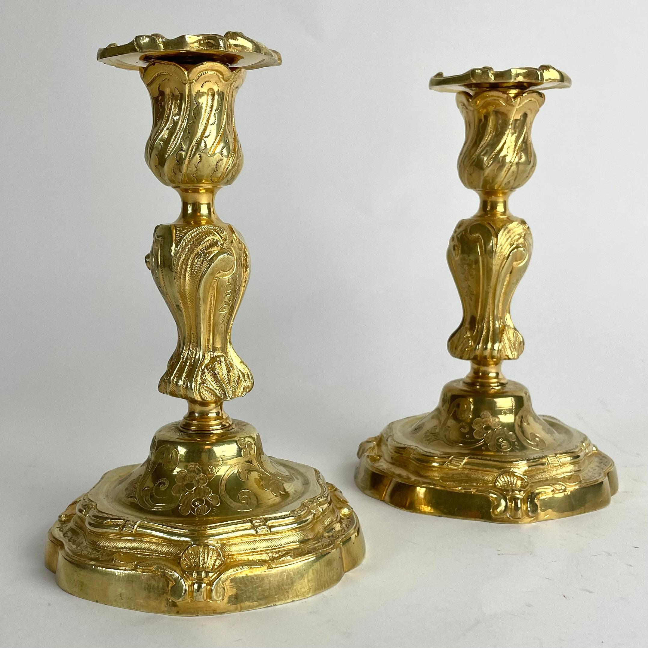 French Magnificent Pair of Gilt Bronze Candlesticks in Rococo (Louis XV), c. 1760-70 For Sale