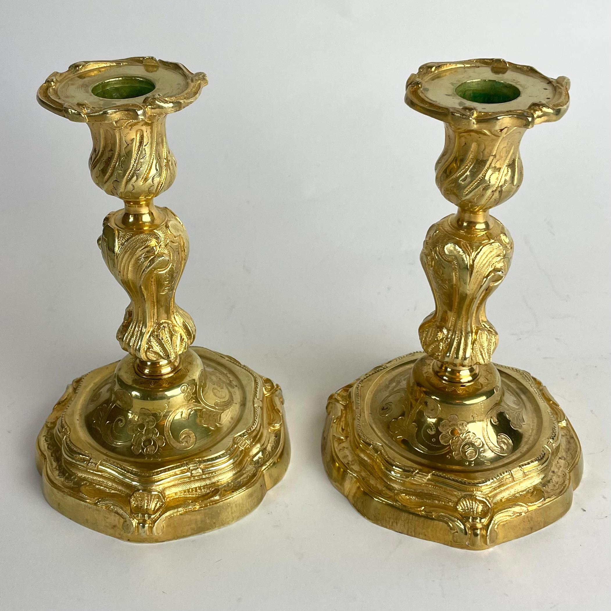 Magnificent Pair of Gilt Bronze Candlesticks in Rococo (Louis XV), c. 1760-70 In Good Condition For Sale In Knivsta, SE