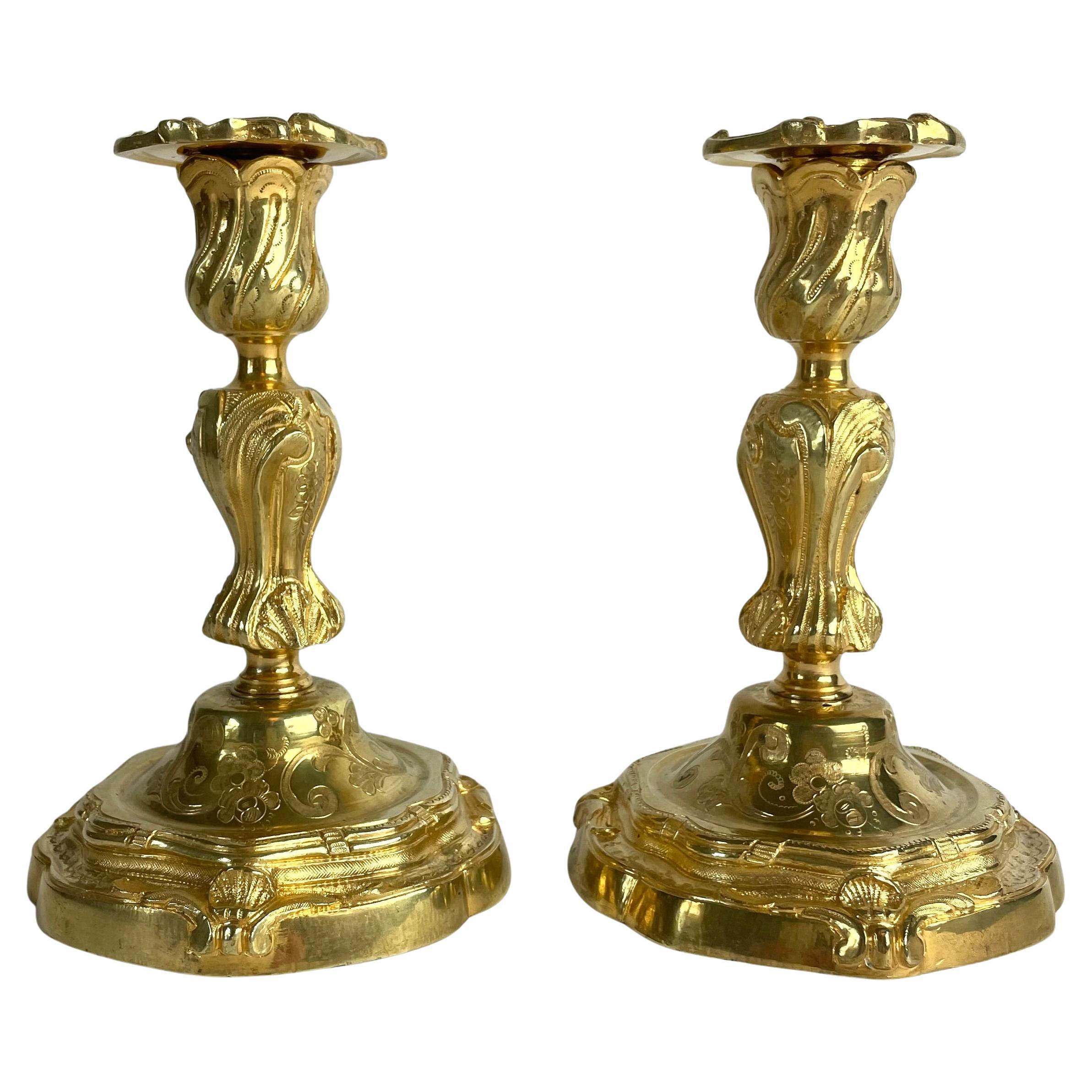 Magnificent Pair of Gilt Bronze Candlesticks in Rococo (Louis XV), c. 1760-70