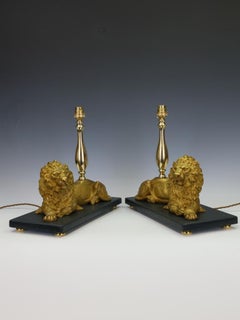 Magnificent Pair of Gilt Bronze Lion Table Lamps by Henri Picard