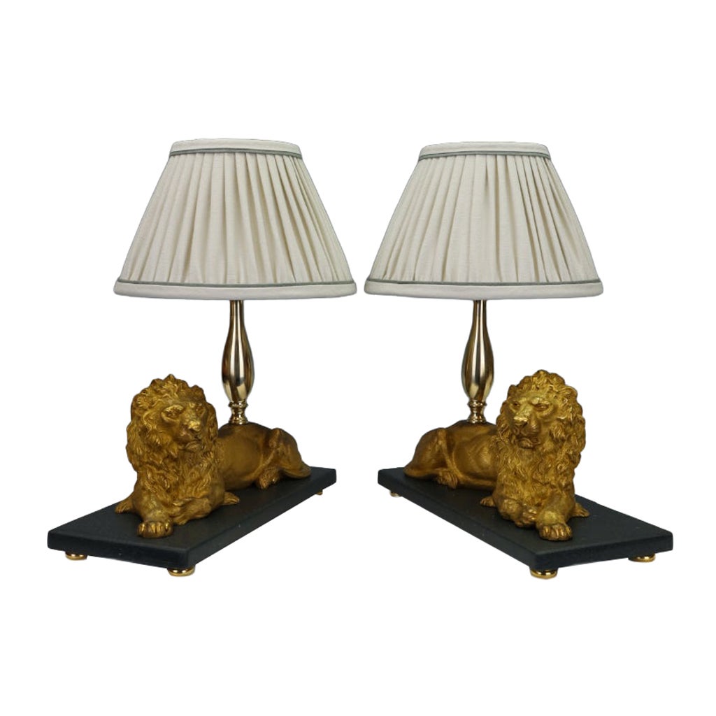 Magnificent Pair of Gilt Bronze Lion Table Lamps by Henri Picard For Sale