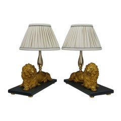 Magnificent Pair of Gilt Bronze Lion Table Lamps by Henri Picard