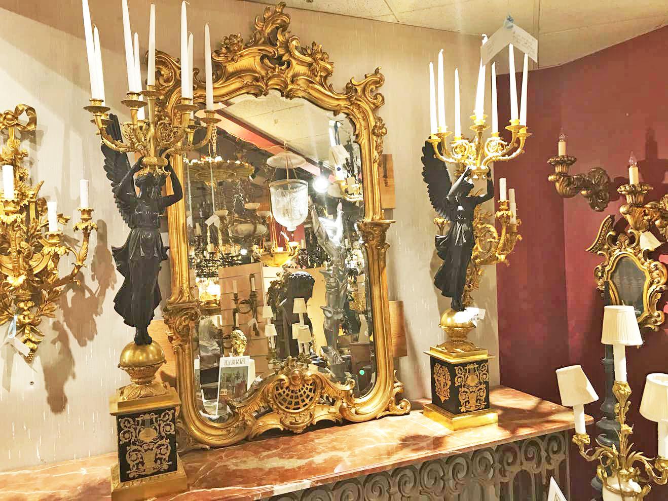 Magnificent Pair of Gilt Bronze with Patinated Bronze Empire Style Candelabra In Good Condition For Sale In Atlanta, GA