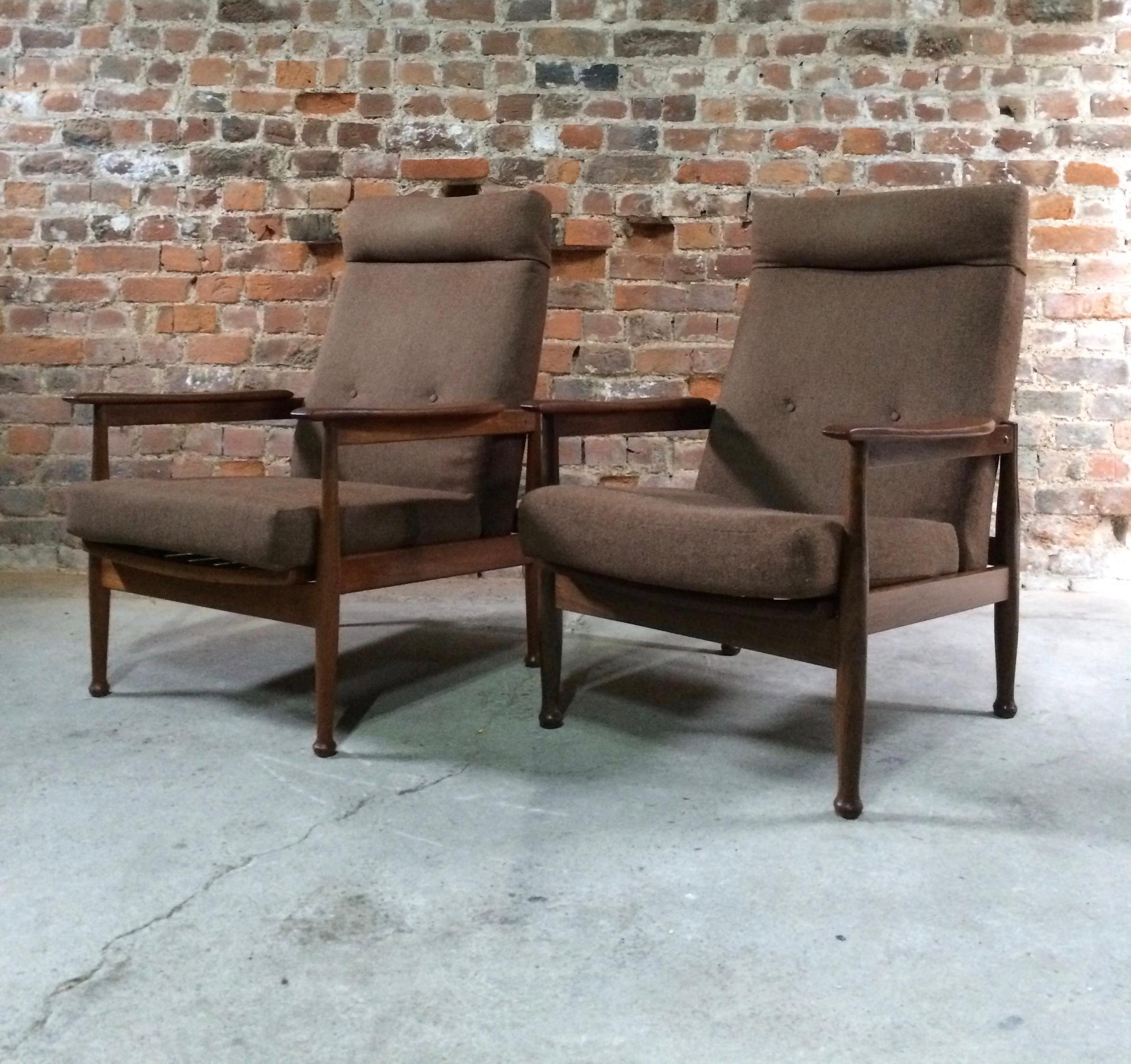 Magnificent Pair of Guy Rogers Style Teak Recliner Armchairs Manhattan Design 1