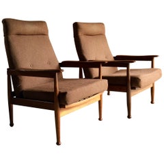 Magnificent Pair of Guy Rogers Style Teak Recliner Armchairs Manhattan Design
