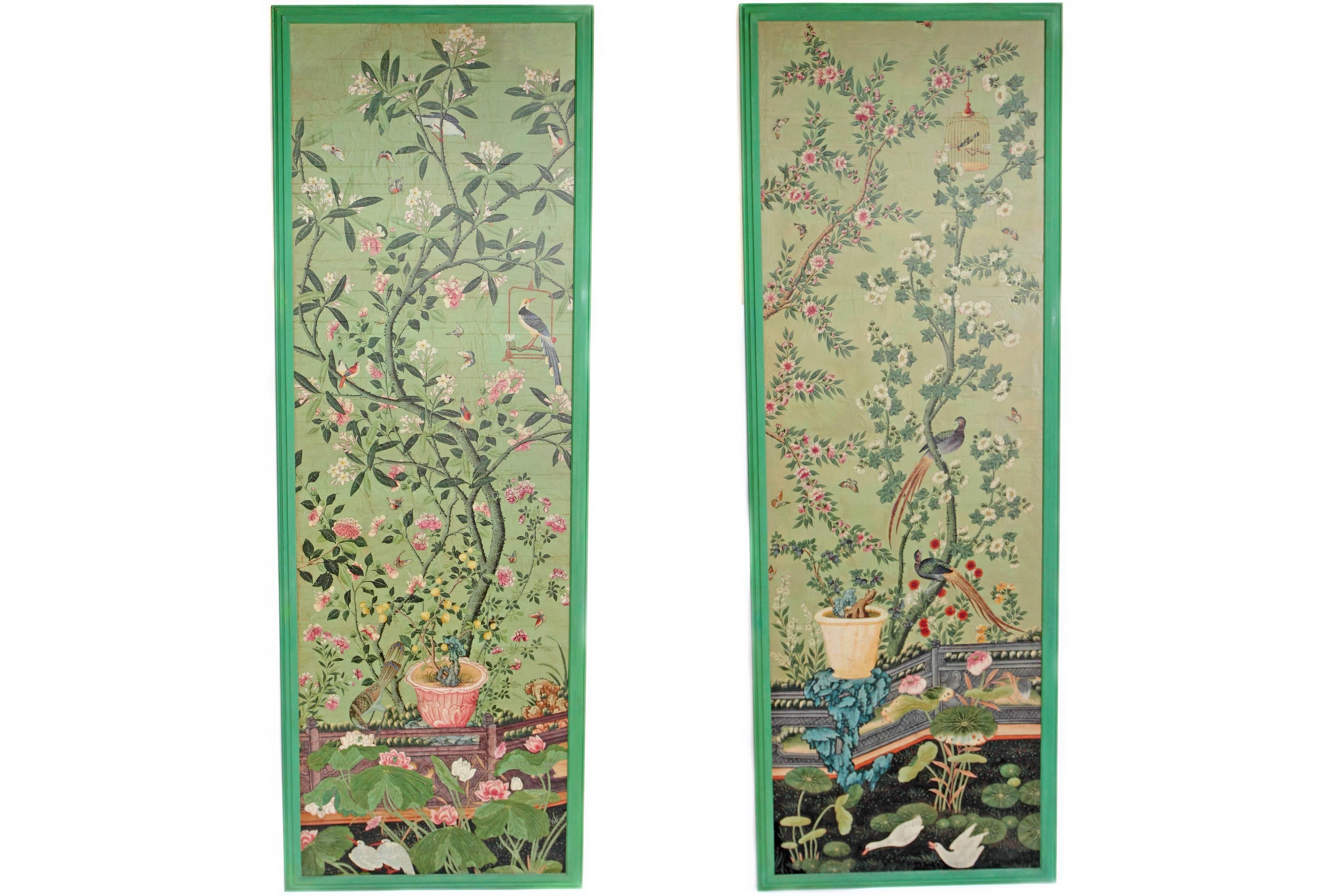 A magnificent pair of beautifully hand painted Chinese wallpaper panels. Depicted are tall, Swaying plants with a variety of birds and butterflies around plants and on the ground. 