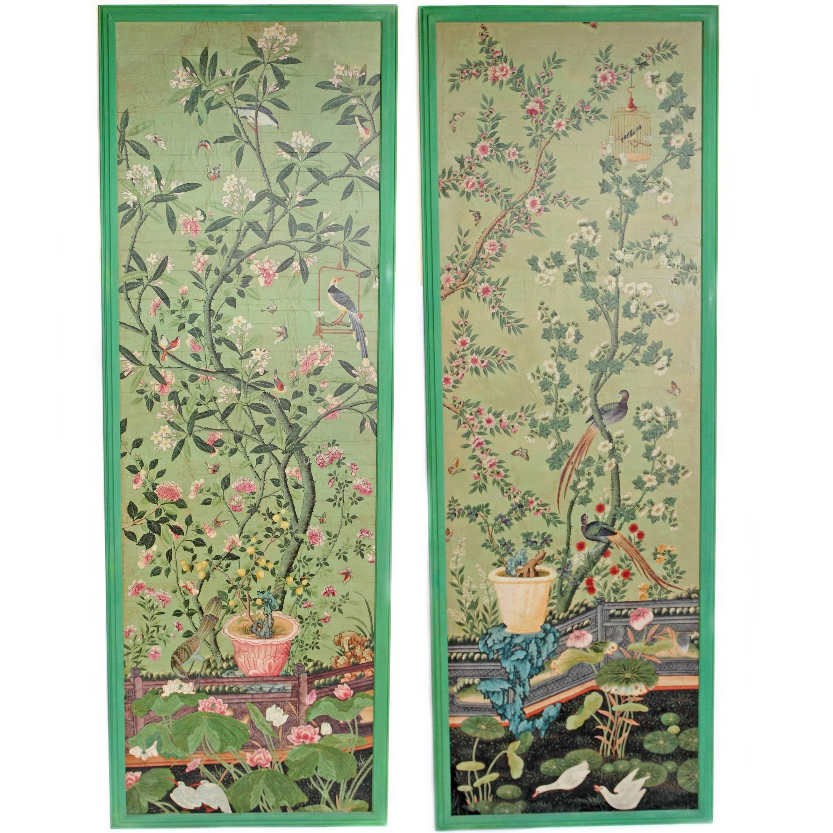 Magnificent Pair of Hand-Painted Chinese Wallpaper Panels
