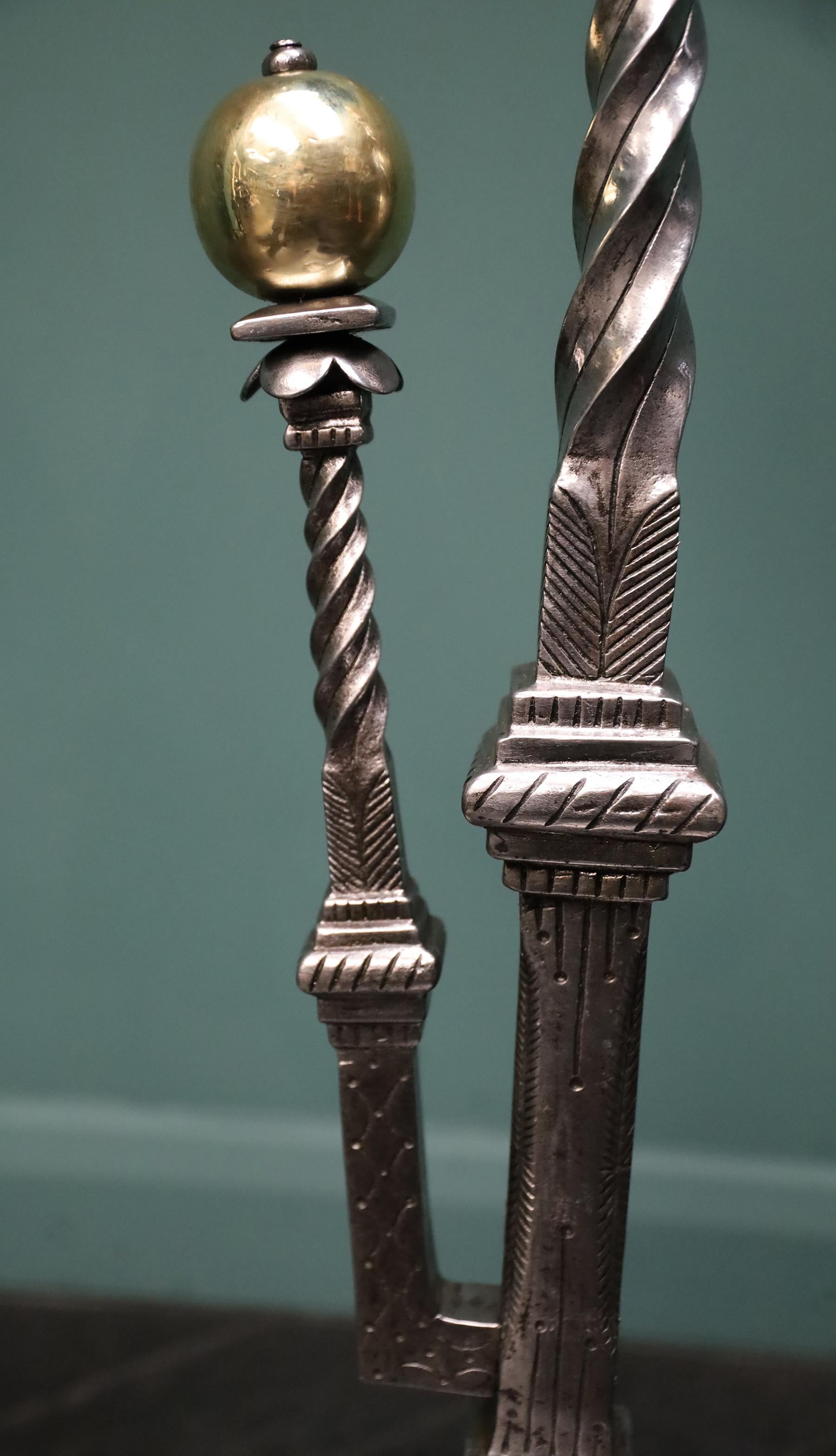 Hand-Crafted Magnificent Pair of Italian Polished Brass & Wrought Fire Dogs Andirons For Sale
