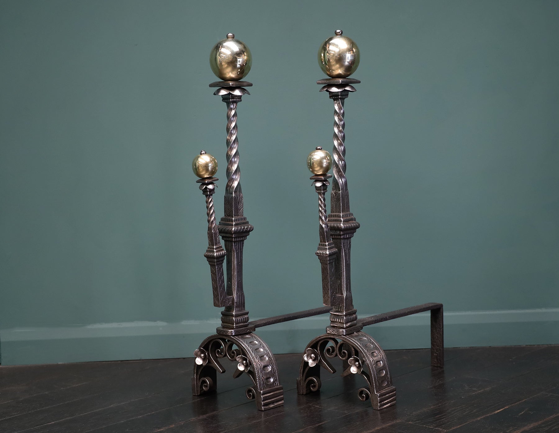 Magnificent Pair of Italian Polished Brass & Wrought Fire Dogs Andirons For Sale