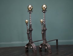 Magnificent Pair of Italian Polished Brass & Wrought Fire Dogs Andirons