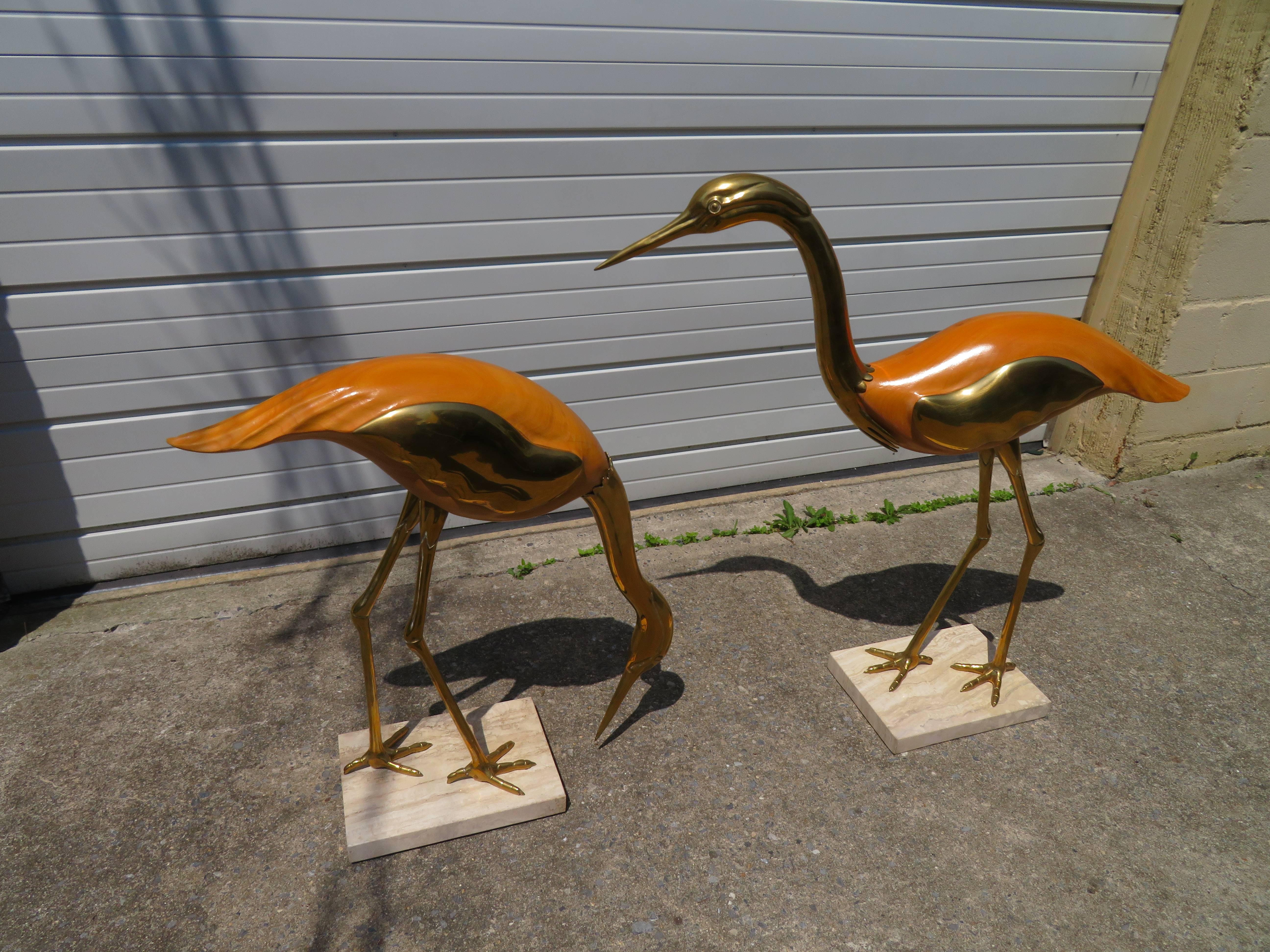 Magnificent Pair of Large Italian Antonio Pavia Style Egrets Cranes Travertine For Sale 5