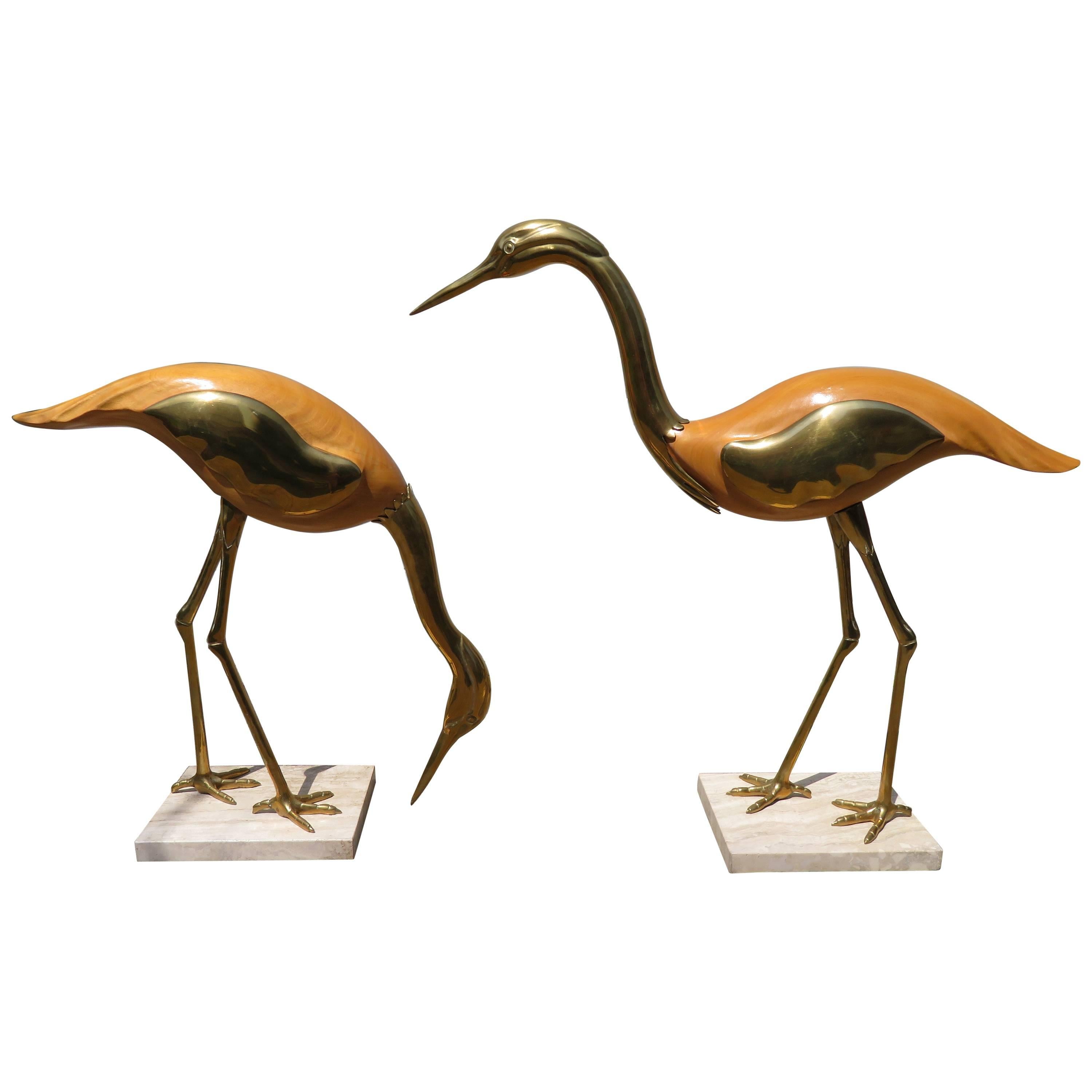 Magnificent Pair of Large Italian Antonio Pavia Style Egrets Cranes Travertine For Sale
