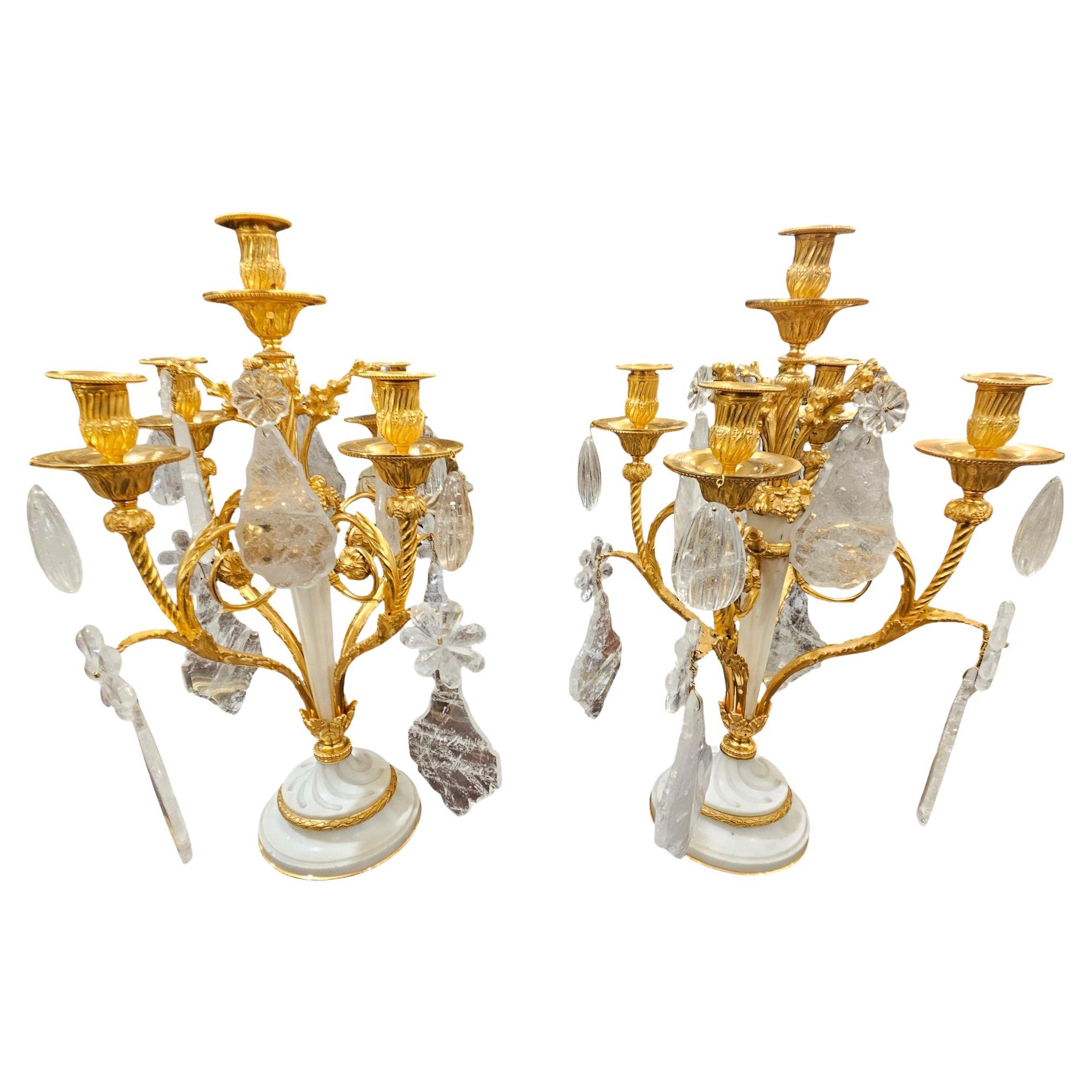 Magnífica Pareja de Candelabros de Cristal de Roca Estilo Luis XV1