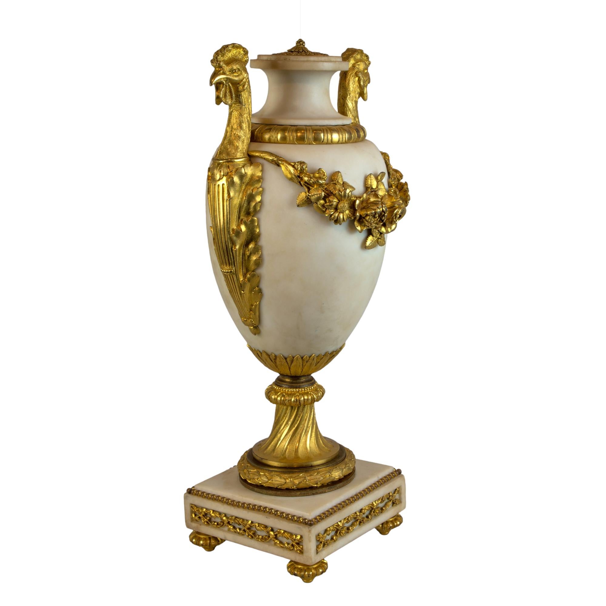 Magnificent Pair of Louis XVI Style Gilt-Bronze-Mounted White Marble Urns In Good Condition For Sale In New York, NY