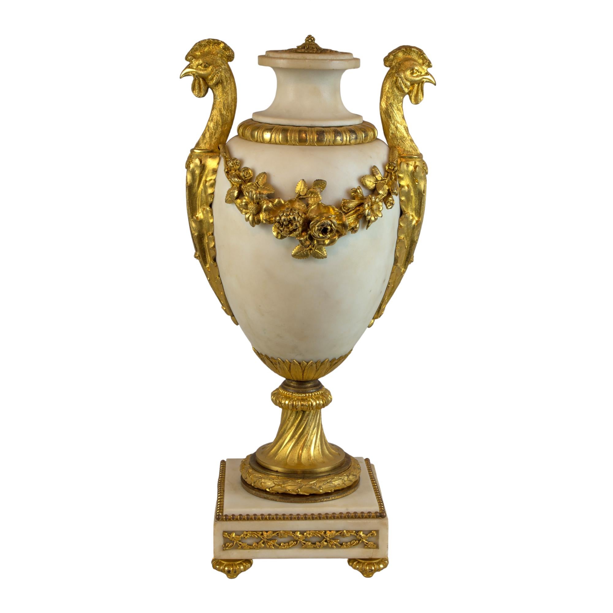 19th Century Magnificent Pair of Louis XVI Style Gilt-Bronze-Mounted White Marble Urns For Sale