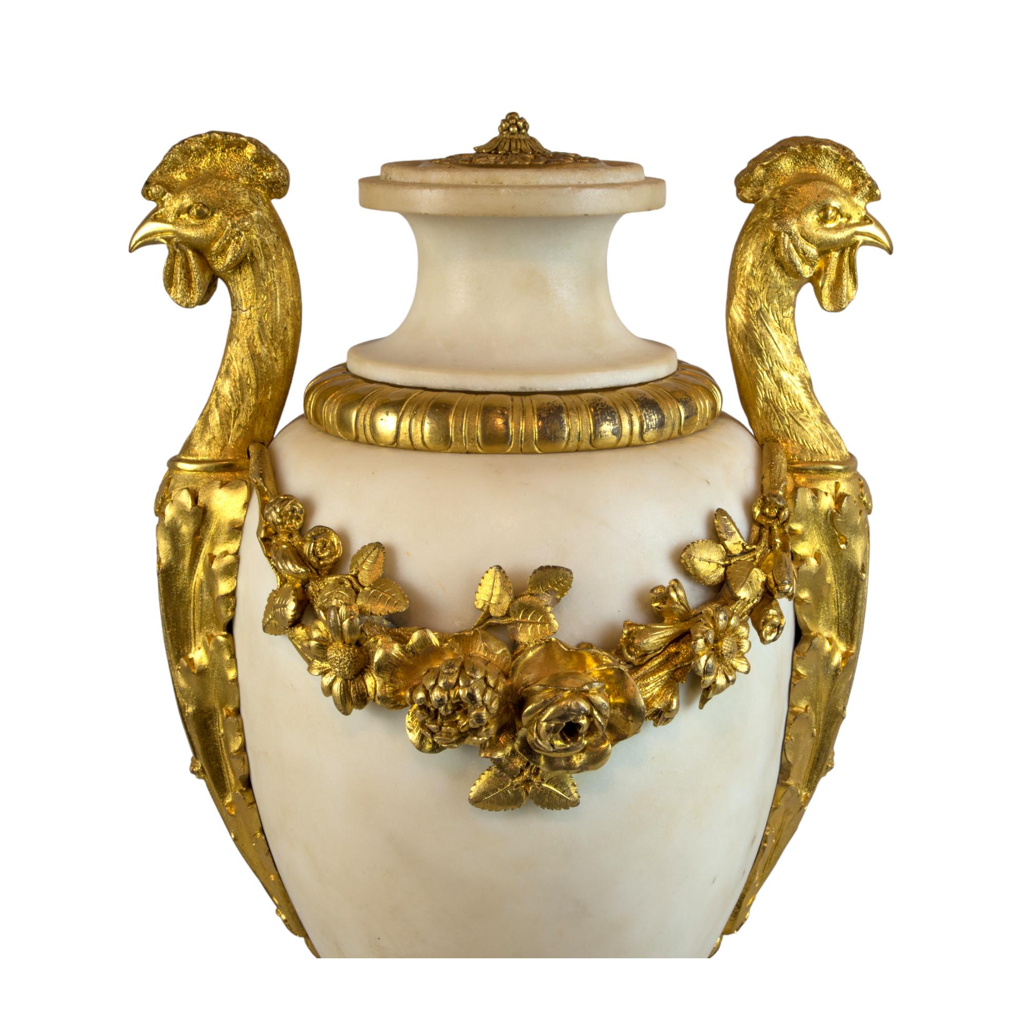 Magnificent Pair of Louis XVI Style Gilt-Bronze-Mounted White Marble Urns For Sale 1