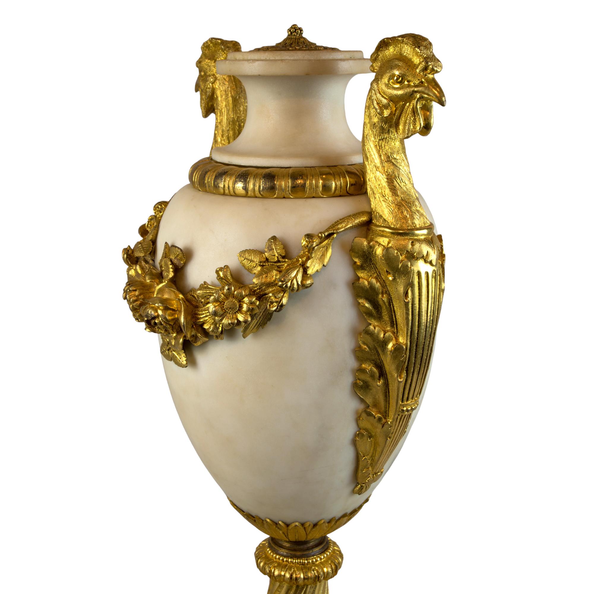 Magnificent Pair of Louis XVI Style Gilt-Bronze-Mounted White Marble Urns For Sale 2