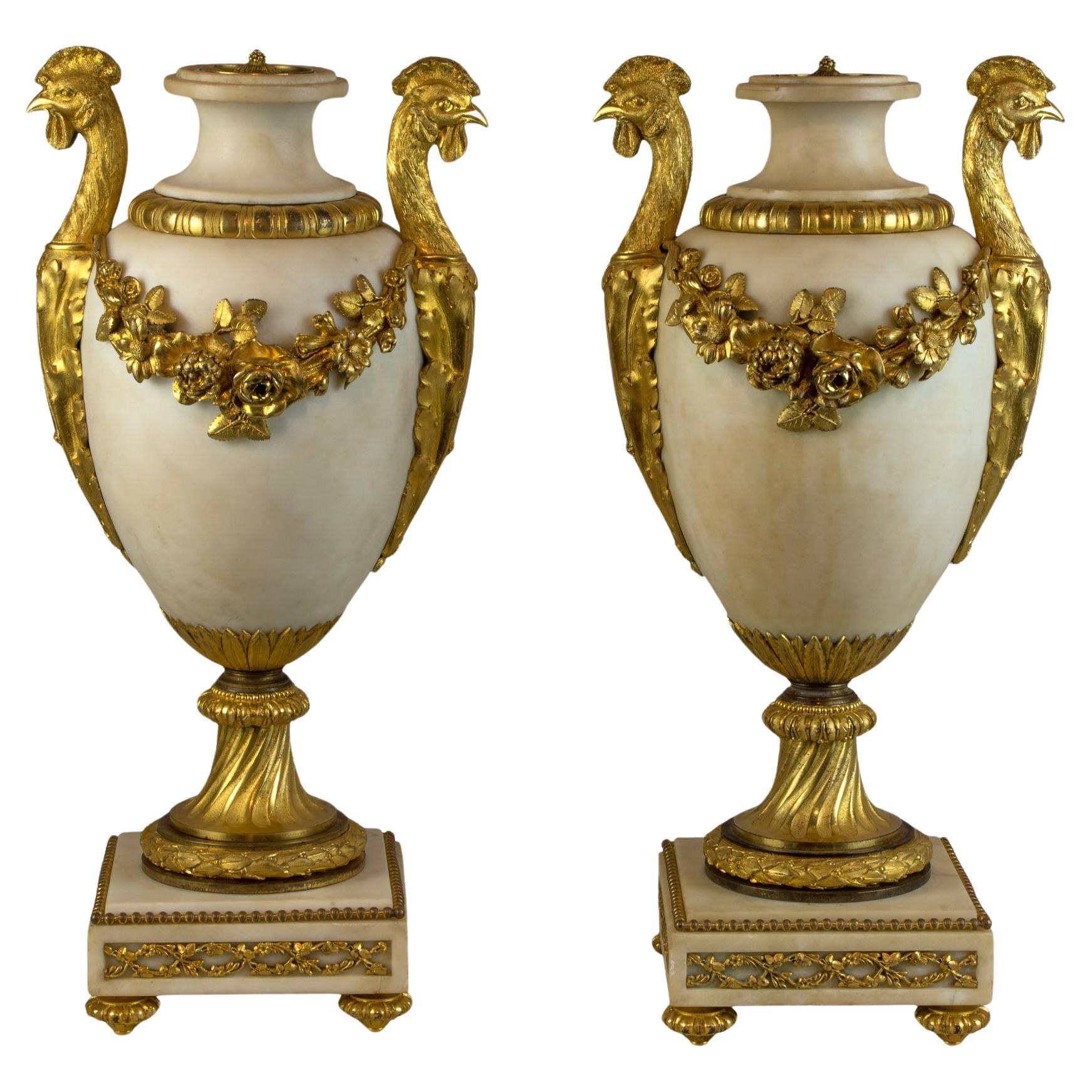 Magnificent Pair of Louis XVI Style Gilt-Bronze-Mounted White Marble Urns For Sale