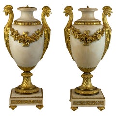 Antique Magnificent Pair of Louis XVI Style Gilt-Bronze-Mounted White Marble Urns