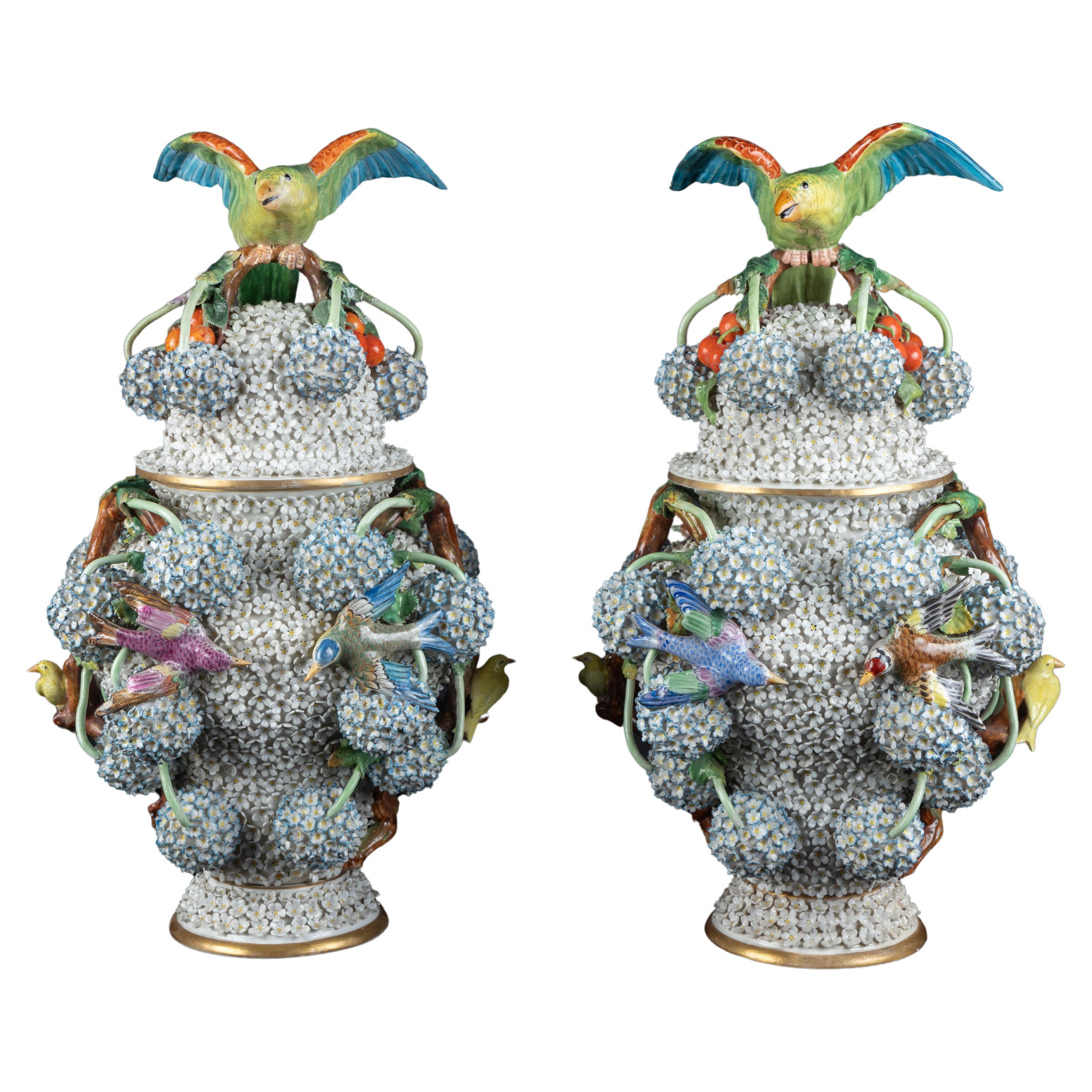 Magnificent Pair of Meissen Snowball Porcelain Covered Vases, Marked
