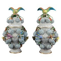Magnificent Pair of Meissen Snowball Porcelain Covered Vases, Marked