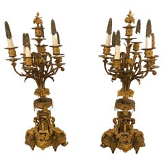 Magnificent Pair of Neoclassical Cast & Gilt Bronze Relief Ornate Candleabras
