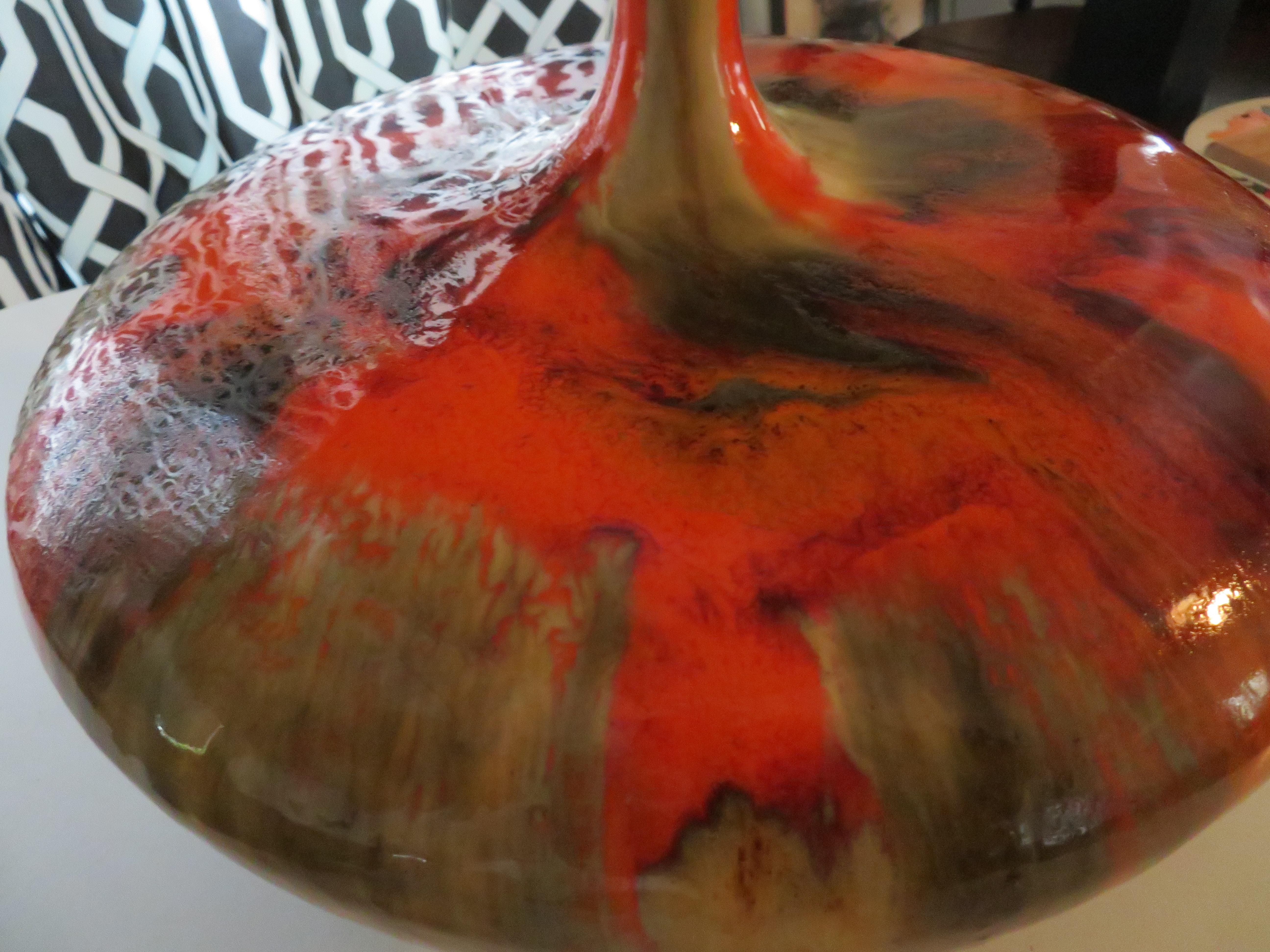 Magnificent Pair of Orange Oversized Squatty Danish Lava Drip Glaze Lamps Modern For Sale 3