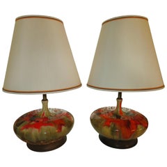 Used Magnificent Pair of Orange Oversized Squatty Danish Lava Drip Glaze Lamps Modern