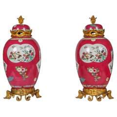 Magnificent Pair of Ormolu-Mounted Pink Chinese Porcelain Vases