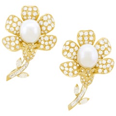 Magnificent Pair of Pearl and Diamond set Gold Flower Brooches