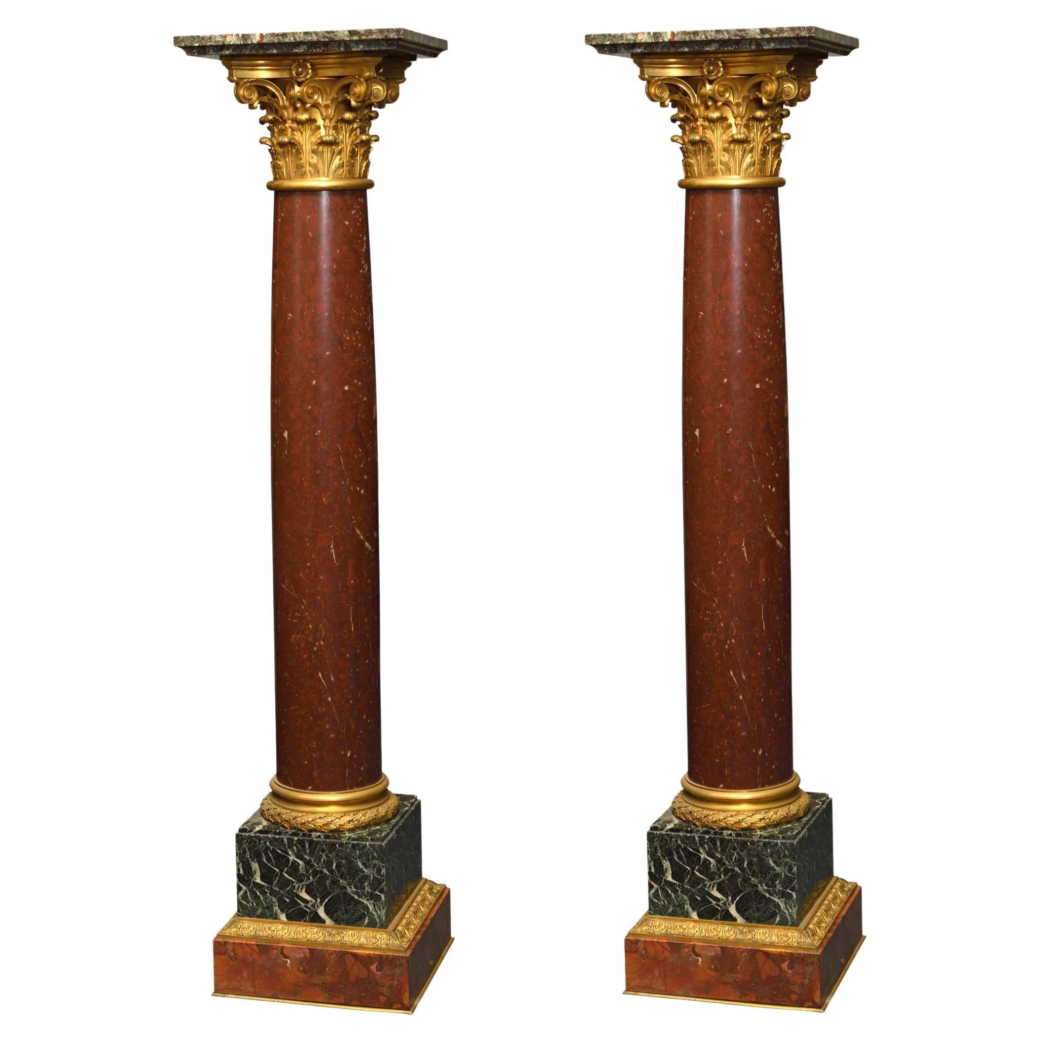 Magnificent Pair of Pedestal Marble and Bronze For Sale