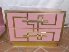 Magnificent Pair of Pink Bedside Tables in Solid Birch Wood and Brass, 1950s Avb