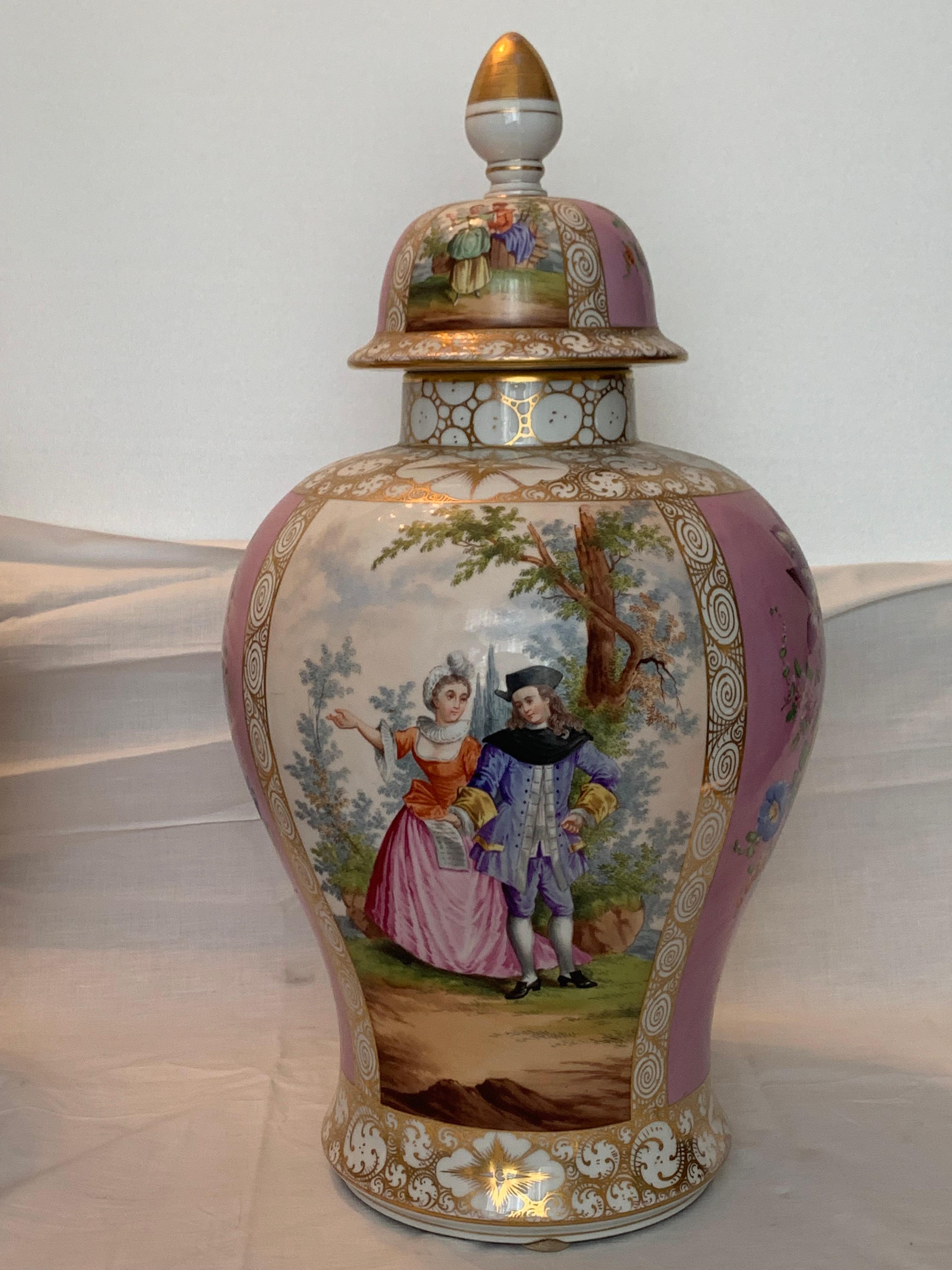 Very important and  rare pair of pink porcelain vases of Berlin royal porcelain factory 
this vases are decorated with cartridges , inside they depicting  gallant scenes, they are topped with equally decorated lids