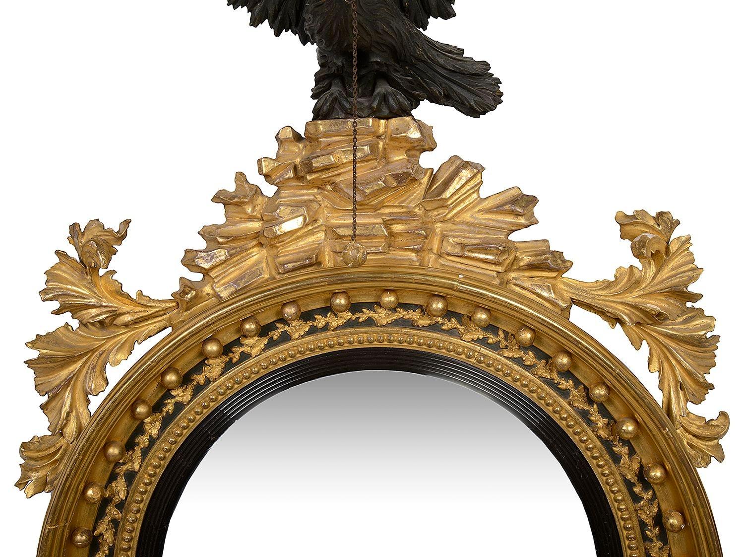 Hand-Carved Magnificent Pair of Regency Period Convex Wall Mirror, 1820 For Sale