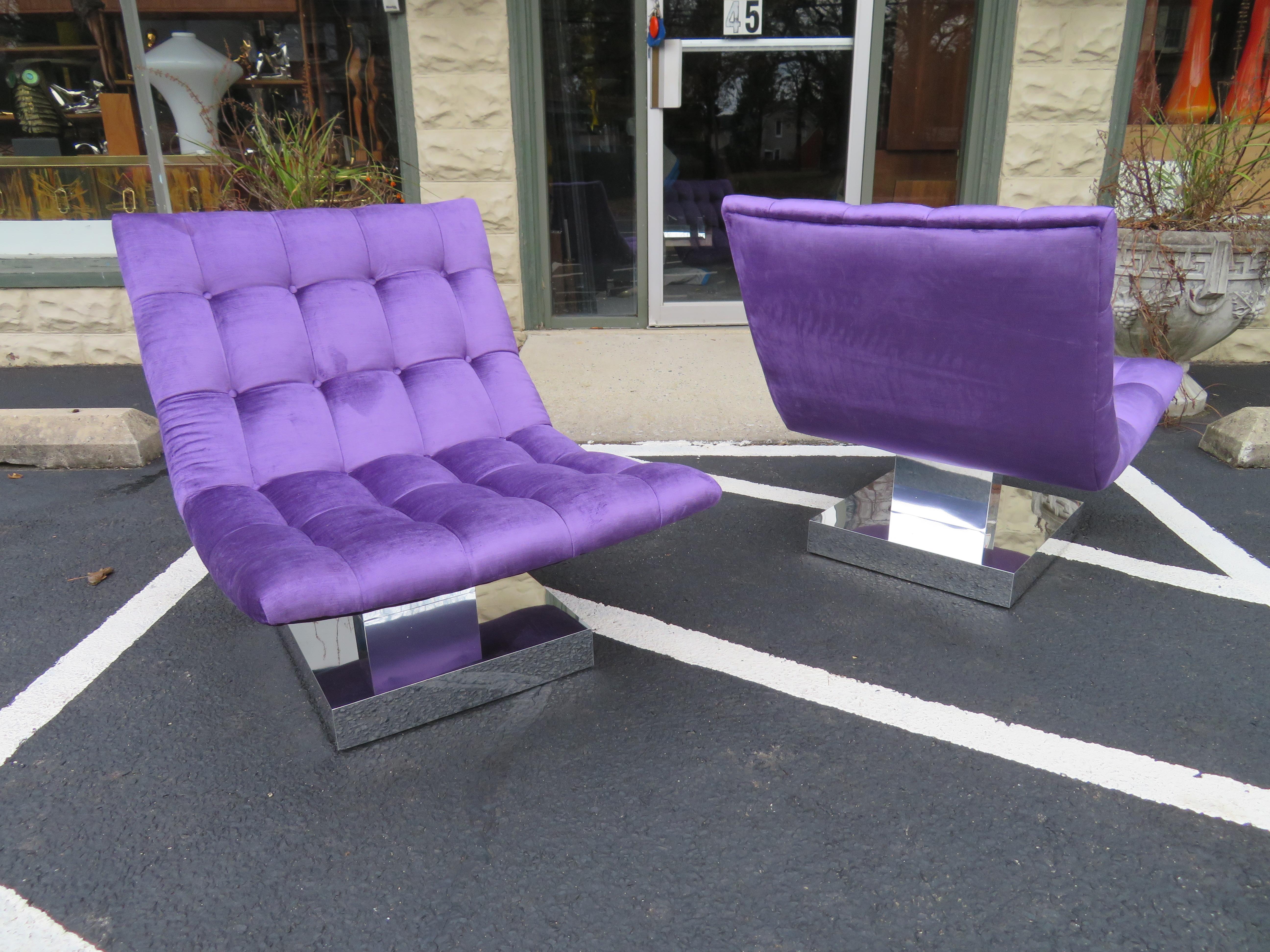 Magnificent pair of totally restored Milo Baughman tufted cube slipper chairs. These chairs have been re-upholstered with a high end lavender velvet and look scrumptious! The chrome bases have been re-chromed and also look amazing! There are no