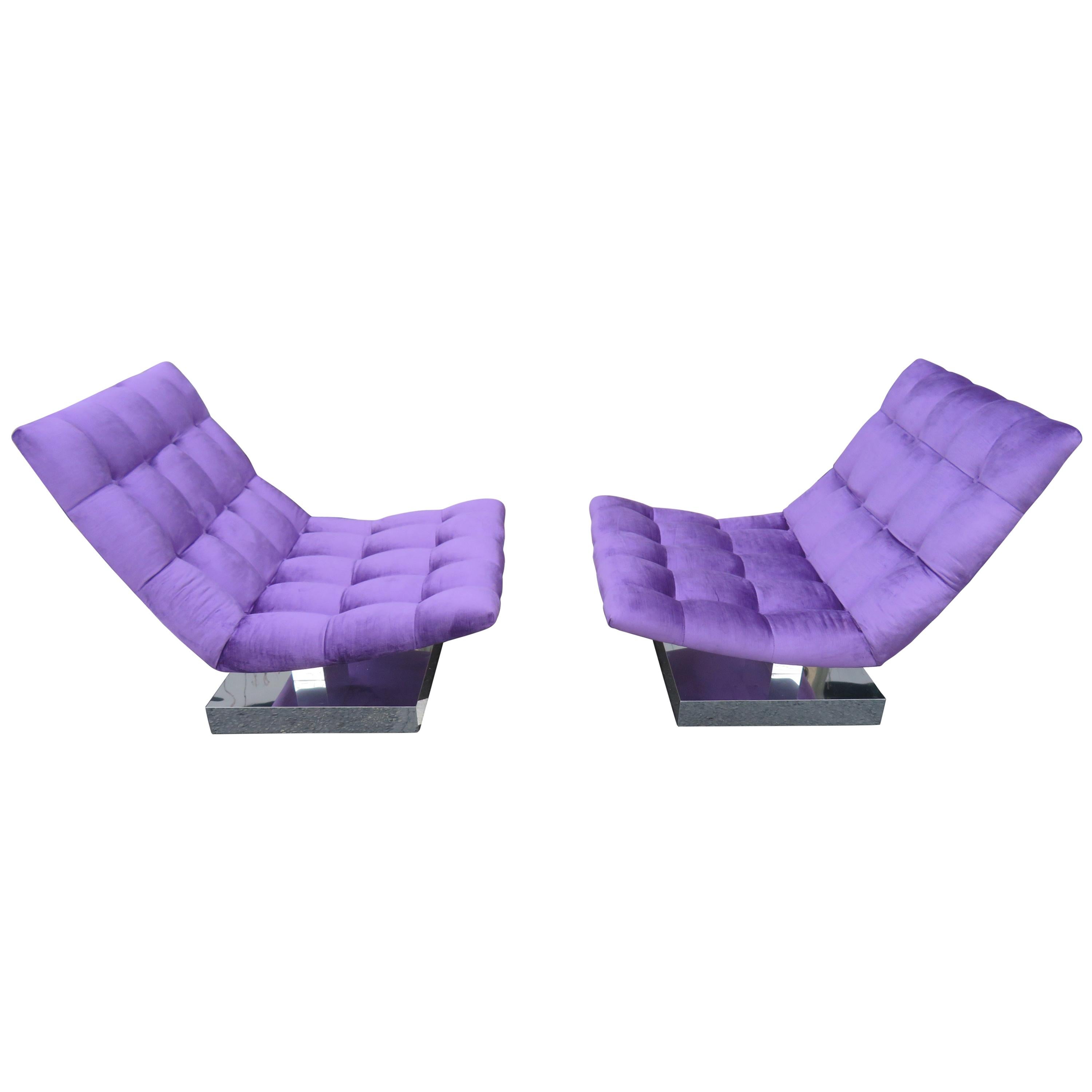 Magnificent Pair of Restored Milo Baughman Chrome Cube Slipper Lounge Chairs For Sale