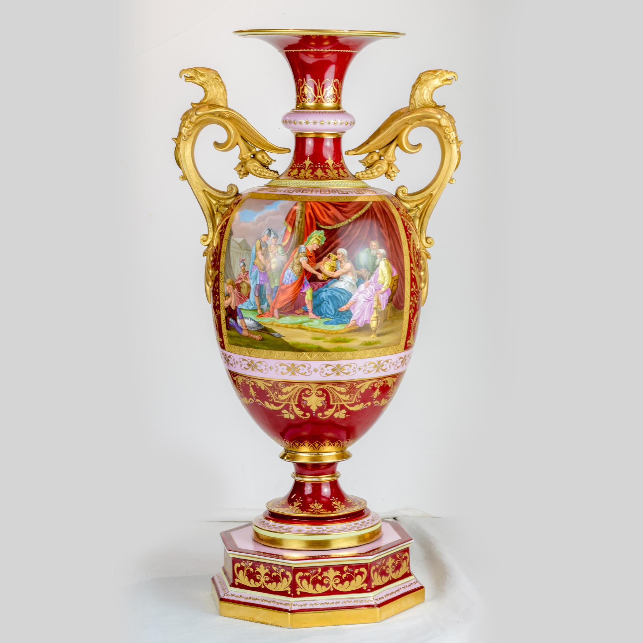 Austrian Magnificent Pair of Royal Vienna-Style Gilt Bronze Mounted Porcelain Urns For Sale