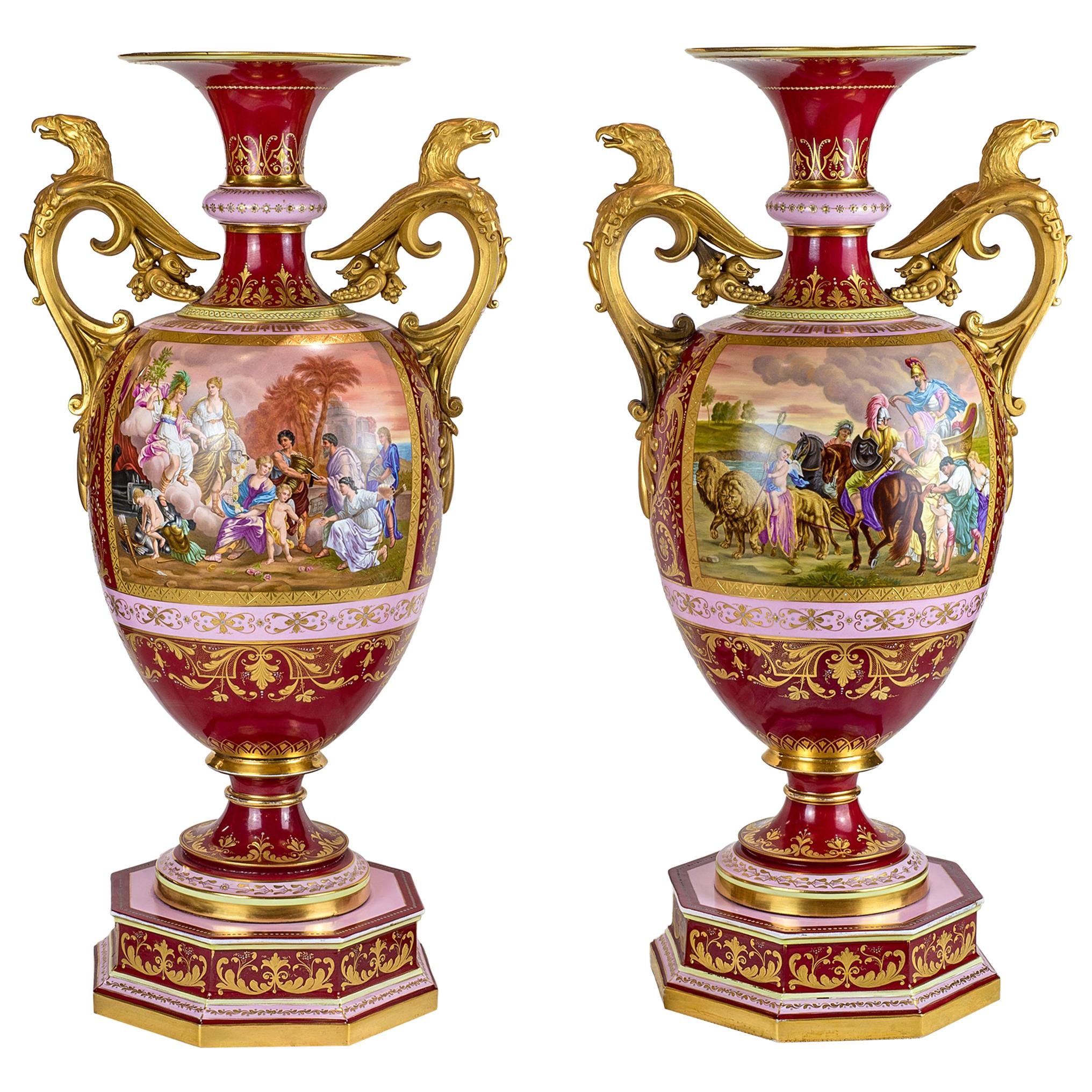 Magnificent Pair of Royal Vienna-Style Gilt Bronze Mounted Porcelain Urns For Sale