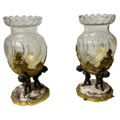 Magnificent pair of vases in  crystal and bronze with cherub