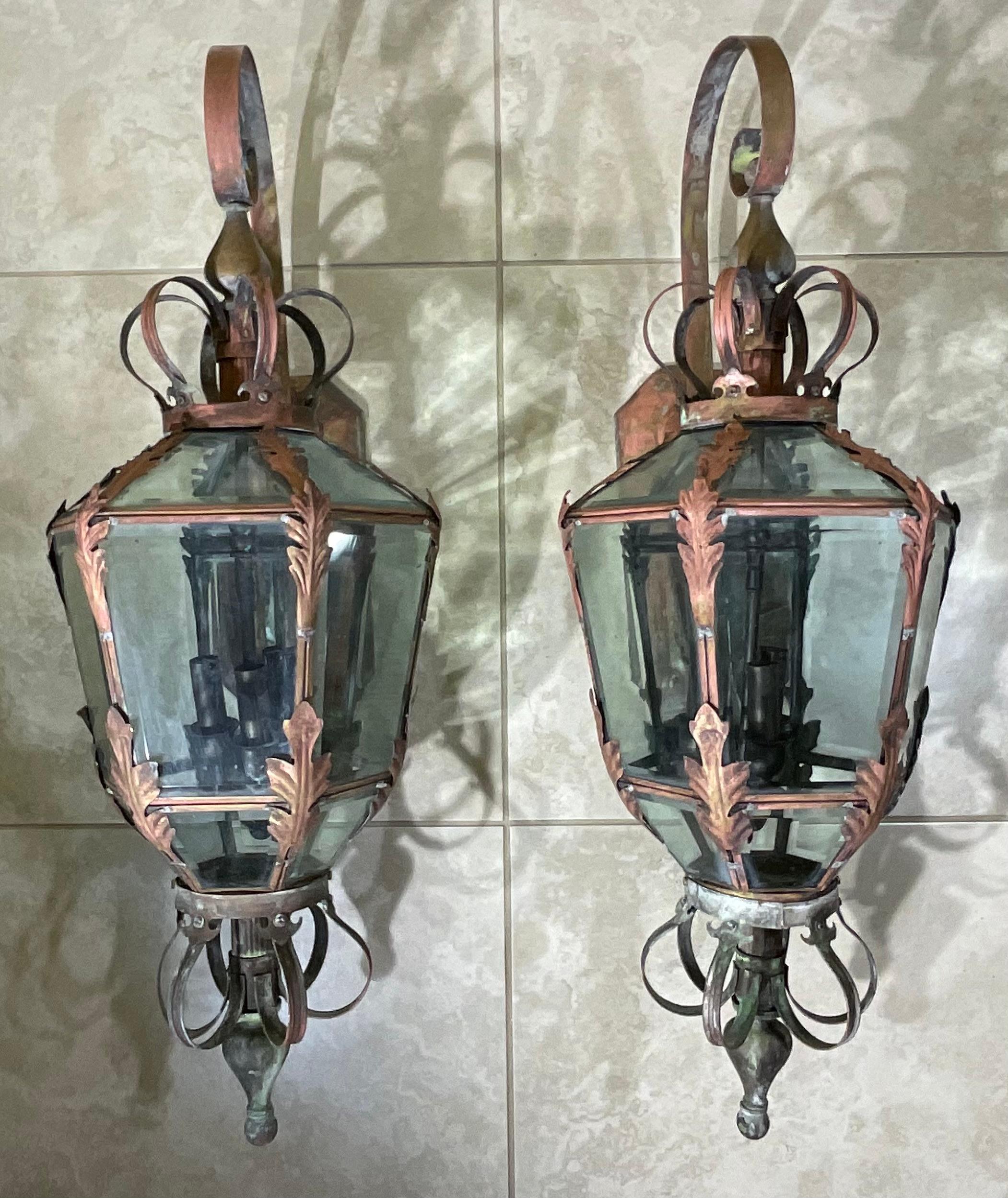American Magnificent Pair of Vintage Brass Lanterns - A Grand Entrance Statement For Sale