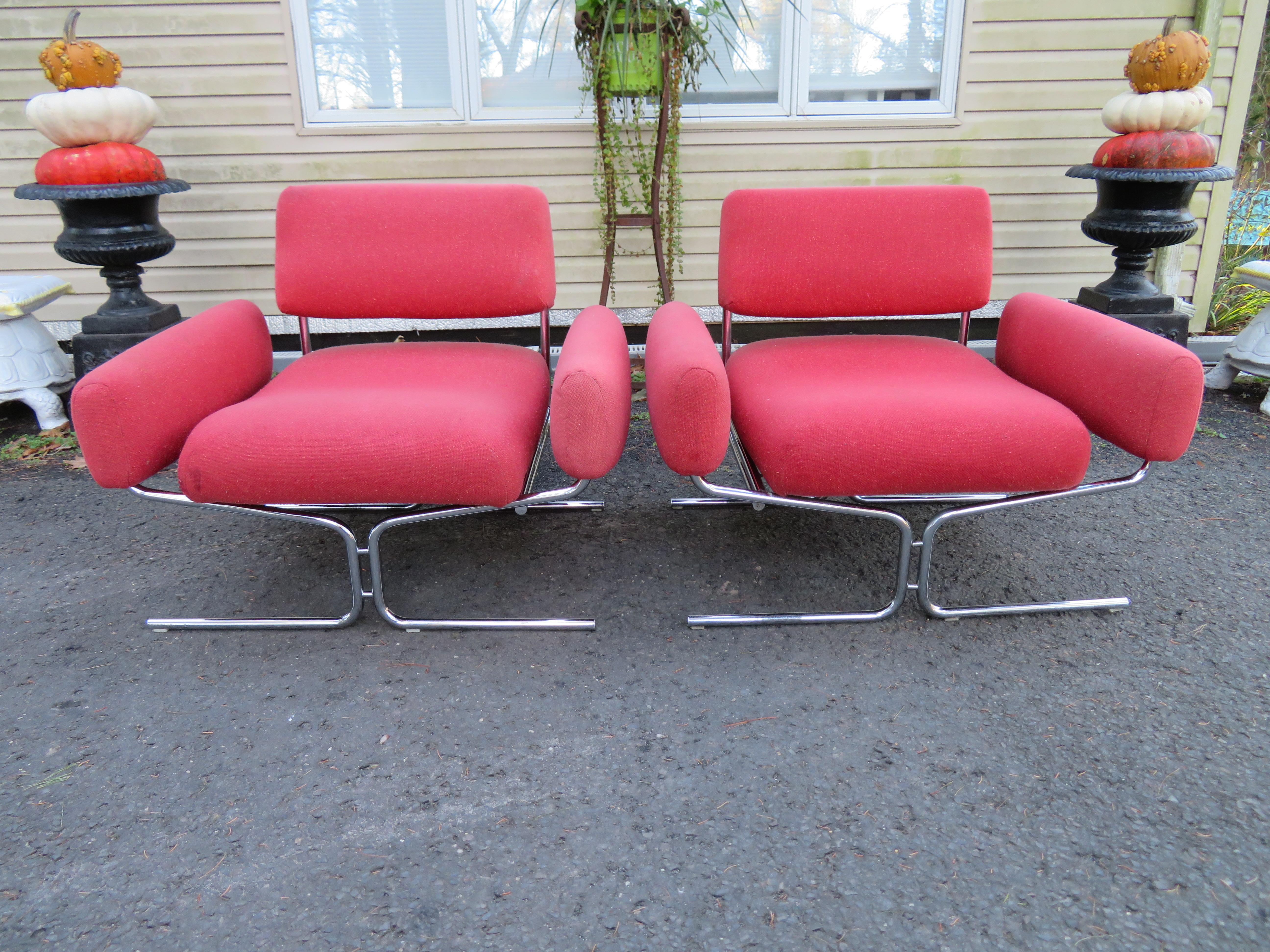 Magnificent Pair of Space-Age Tubular Chrome Lounge Chairs Ingmar Relling Style 9