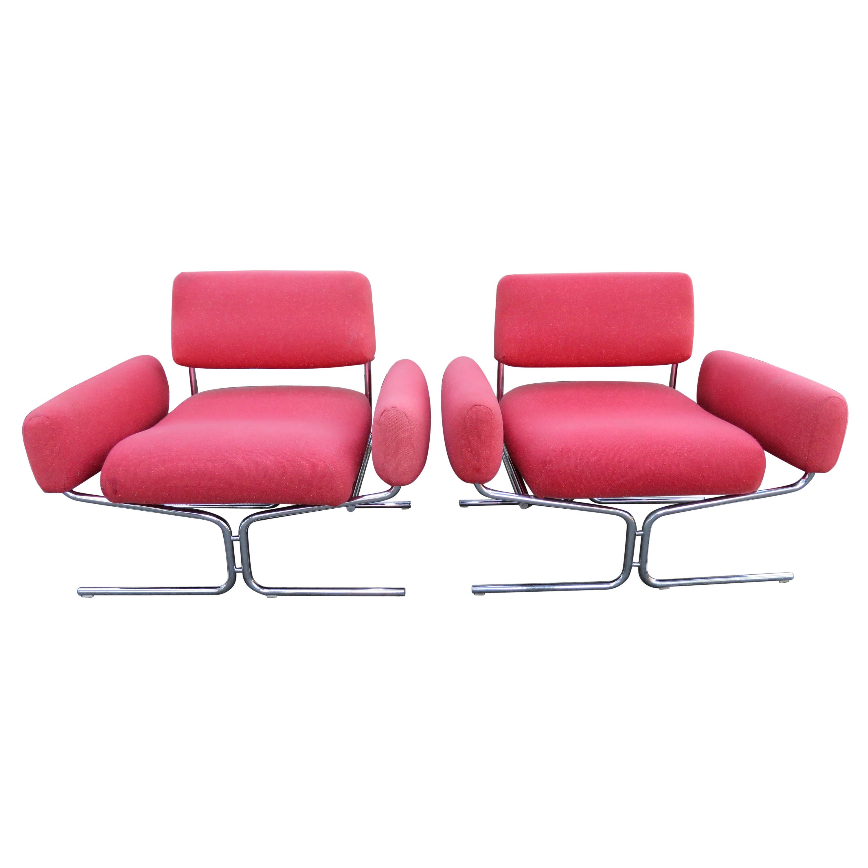 Magnificent Pair of Space-Age Tubular Chrome Lounge Chairs Ingmar Relling Style