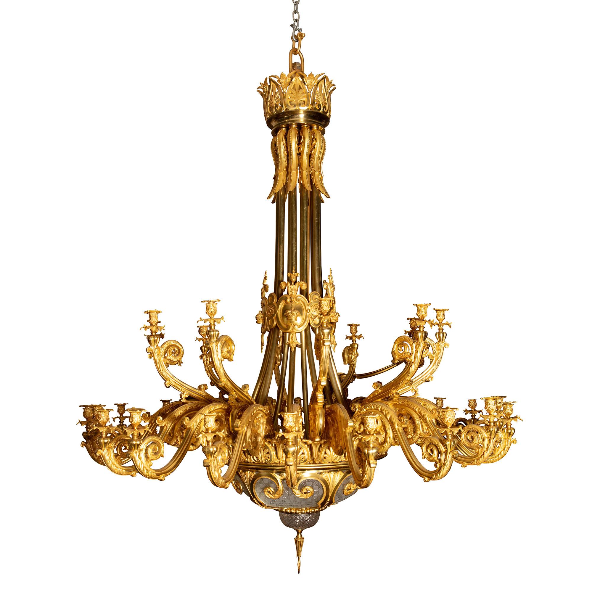 A magnificent late 19th century Napoleon III gilt bronze and glass 30-light chandelier of palatial proportions.
France, circa 1870

Measures: Drop 210cm
Diameter 185cm.