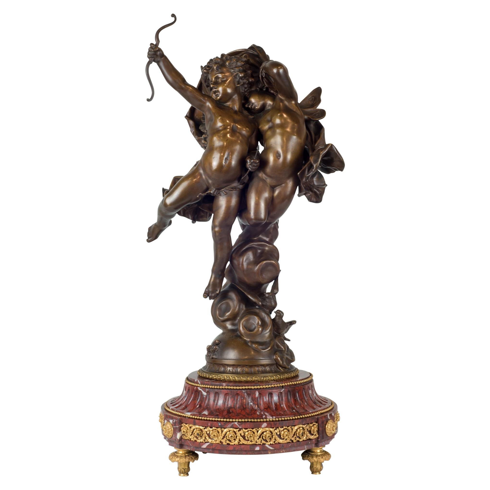 Magnifique sculpture en bronze patiné de Cupidon et Psyché par Bouguereau