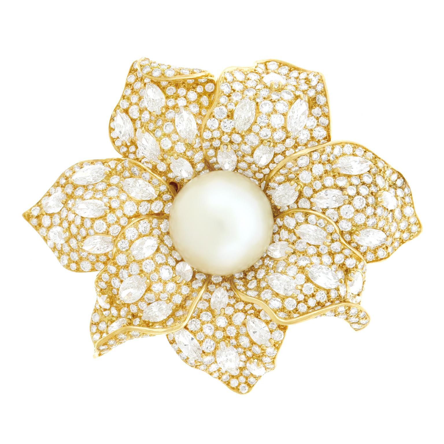 Magnificent Pearl and Diamond Set Gold Flower Brooch For Sale 5