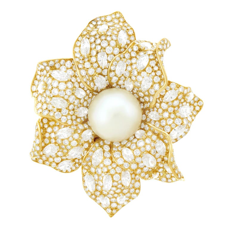 Cabochon Magnificent Pearl and Diamond Set Gold Flower Brooch For Sale