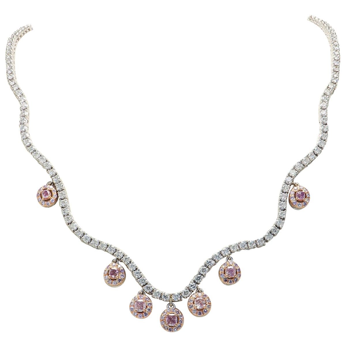 Prächtige rosa Diamant-Halskette aus Platin und Roségold mit Kissenschliff im Angebot